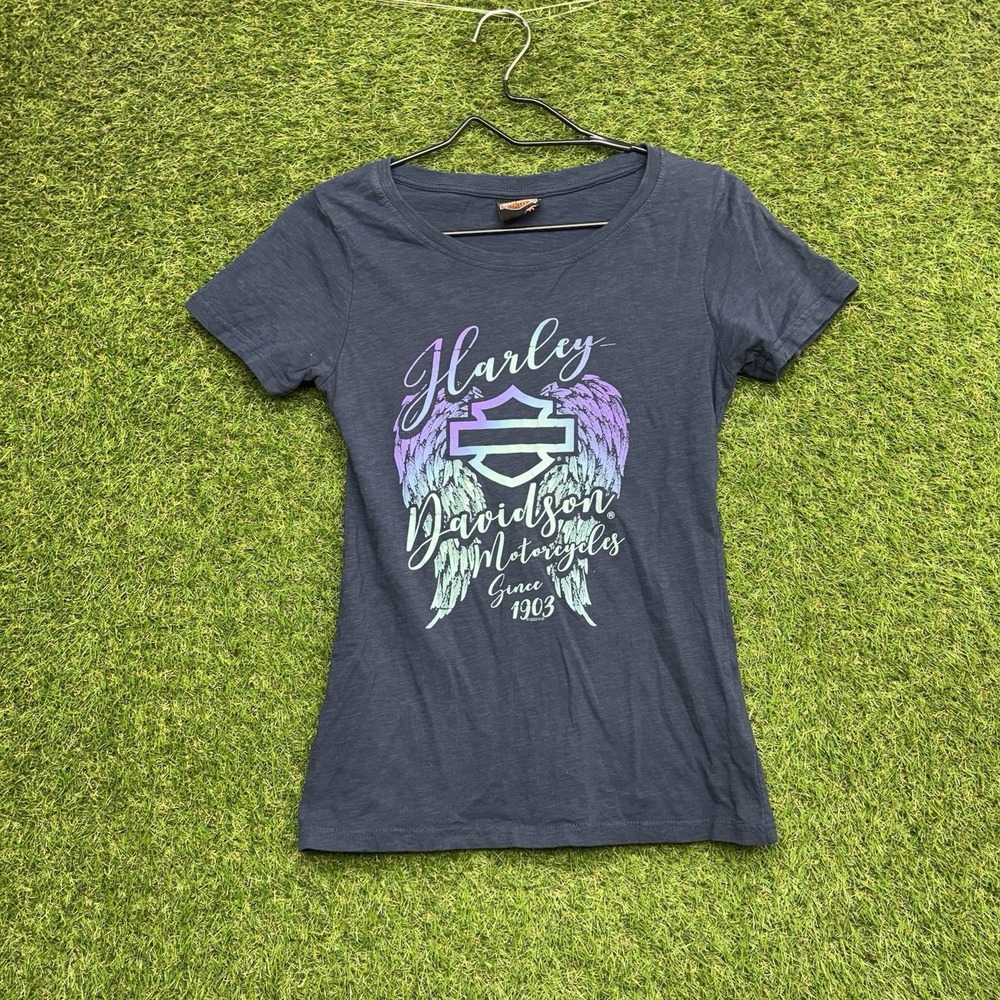 Harley-Davidson Shirt Womens XS Blue Always An Angel Wings Graphic Motorcycle